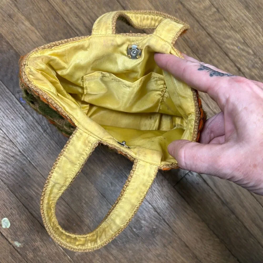 Vintage 70s Embroidered Yarn and Burlap Hand Bag